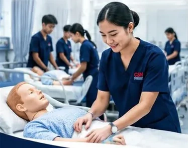 A CSM Academy healthcare student practising patient care with a training mannequin